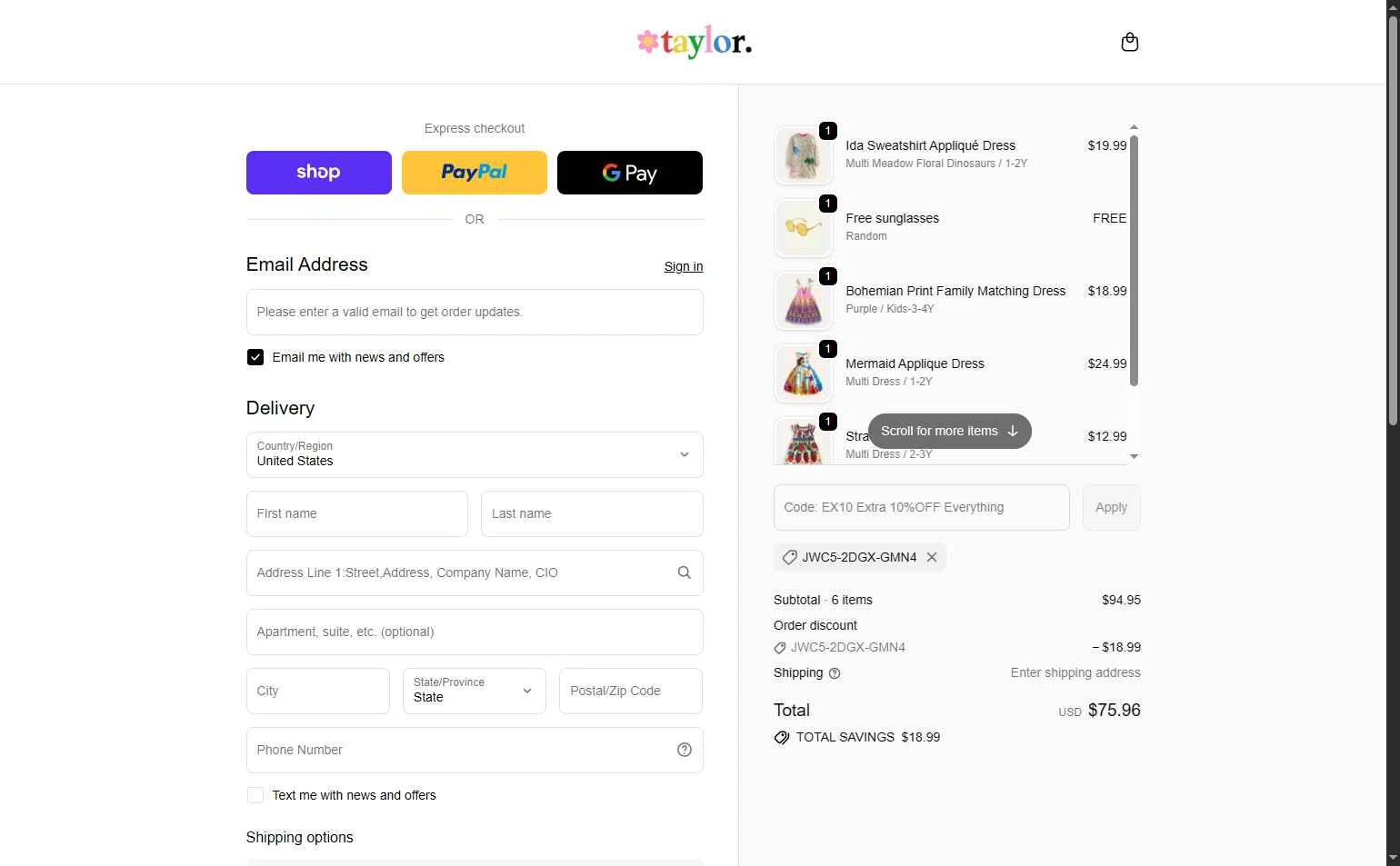 Mini Taylor checkout page showing Mini Taylor promo code box | Screenshot taken by SimplyCodes community member on Feb 5, 2026