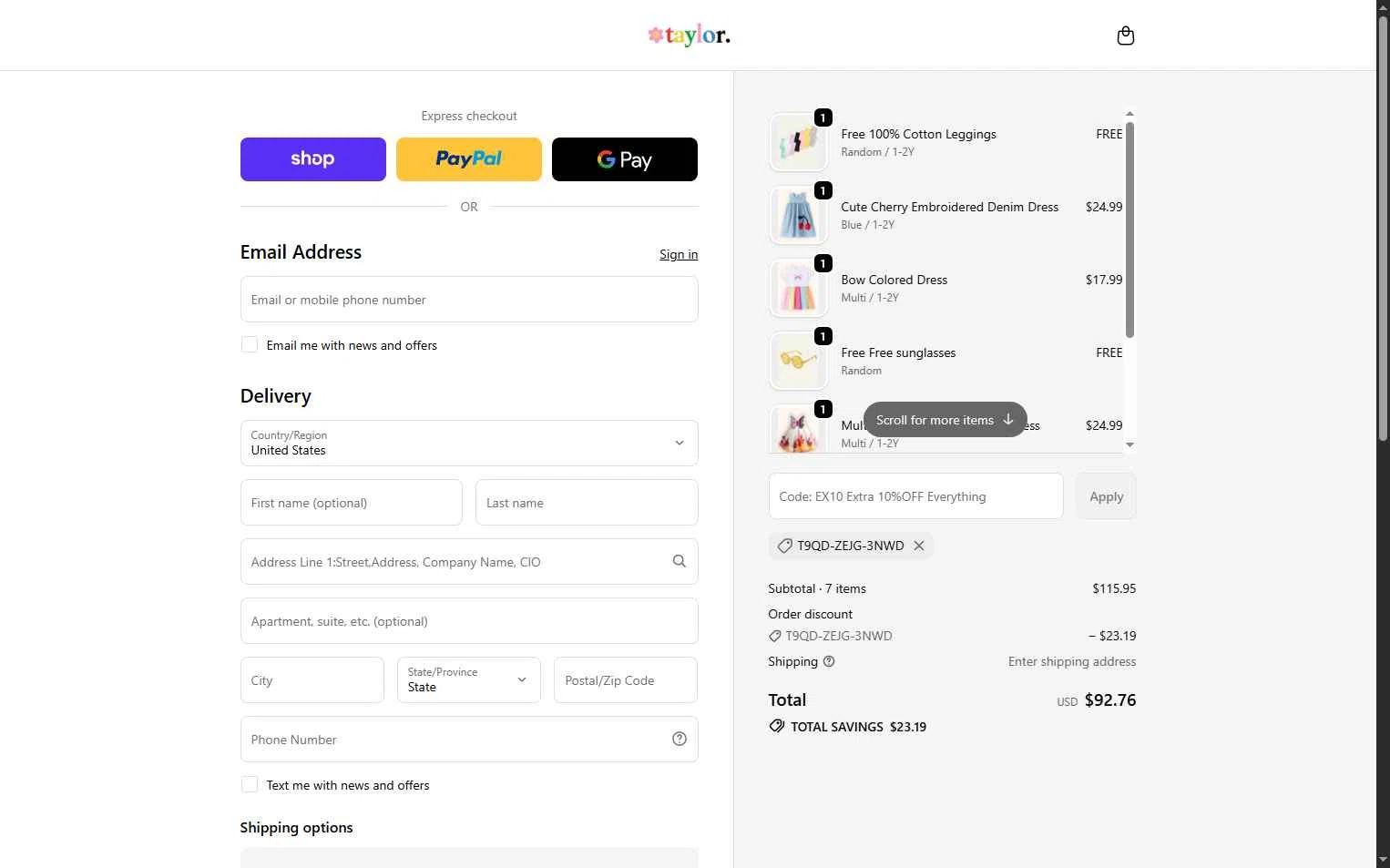 Mini Taylor checkout page showing Mini Taylor promo code box | Screenshot taken by SimplyCodes community member on Feb 9, 2026
