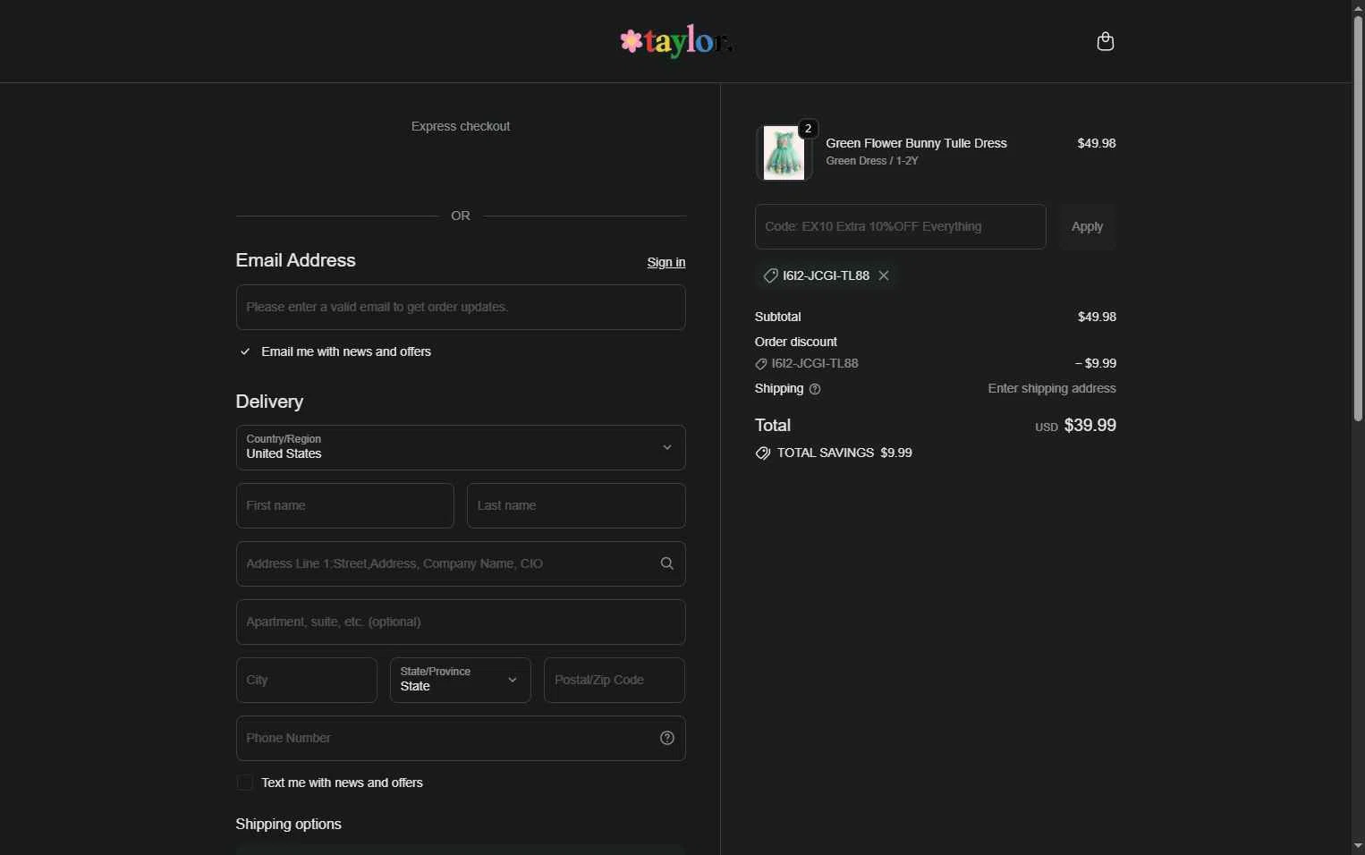 Mini Taylor checkout page showing Mini Taylor promo code box | Screenshot taken by SimplyCodes community member on Jan 31, 2026