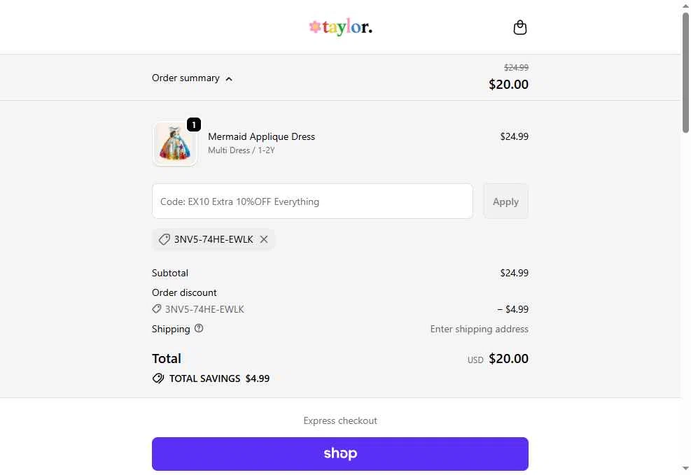 Mini Taylor checkout page showing Mini Taylor promo code box | Screenshot taken by SimplyCodes community member on Feb 8, 2026
