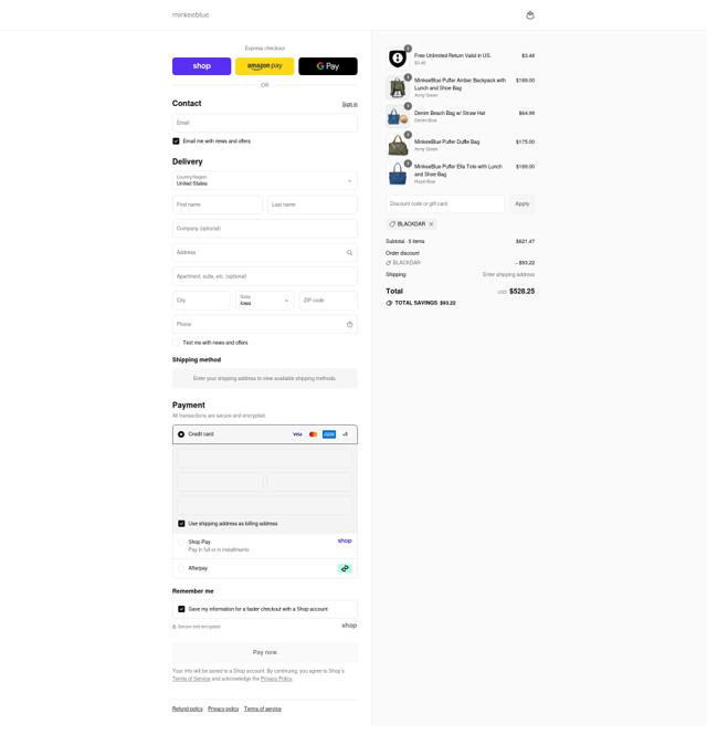 MinkeeBlue checkout page showing MinkeeBlue discount code box | Screenshot taken by SimplyCodes community member on Sep 10, 2025