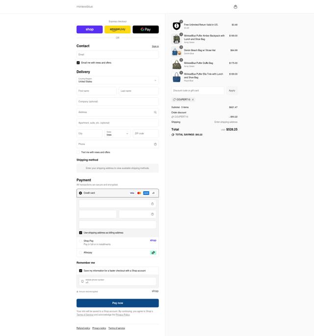 MinkeeBlue checkout page showing MinkeeBlue discount code box | Screenshot taken by SimplyCodes community member on Sep 10, 2025