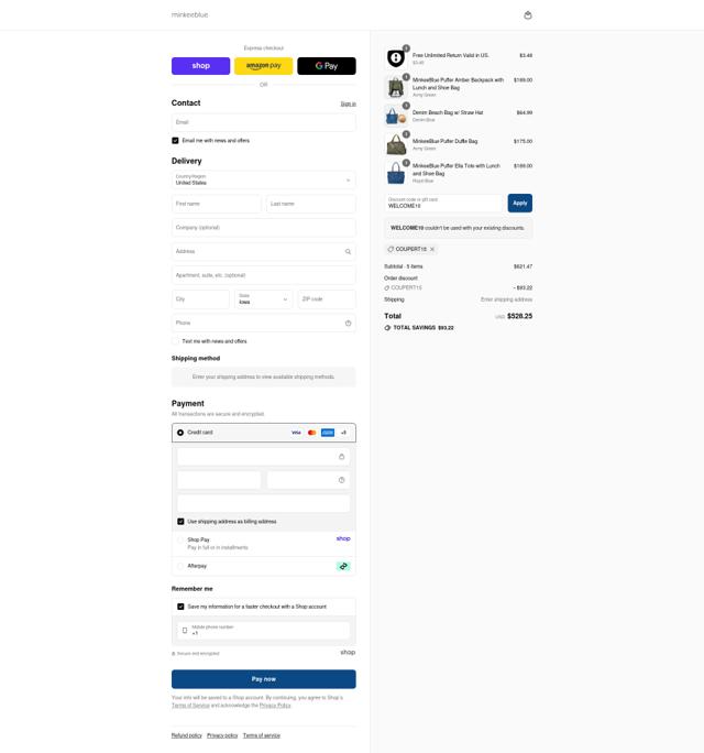 MinkeeBlue checkout page showing MinkeeBlue discount code box | Screenshot taken by SimplyCodes community member on Sep 10, 2025