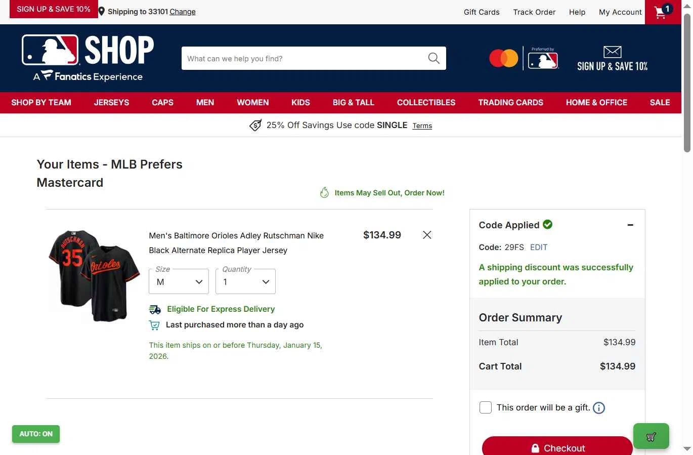 Minnesota Twins checkout page showing Minnesota Twins promo code box | Screenshot taken by SimplyCodes community member on Jan 15, 2026