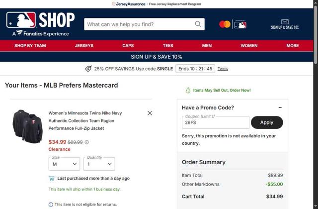 Minnesota Twins checkout page showing Minnesota Twins promo code box | Screenshot taken by SimplyCodes community member on Sep 29, 2025