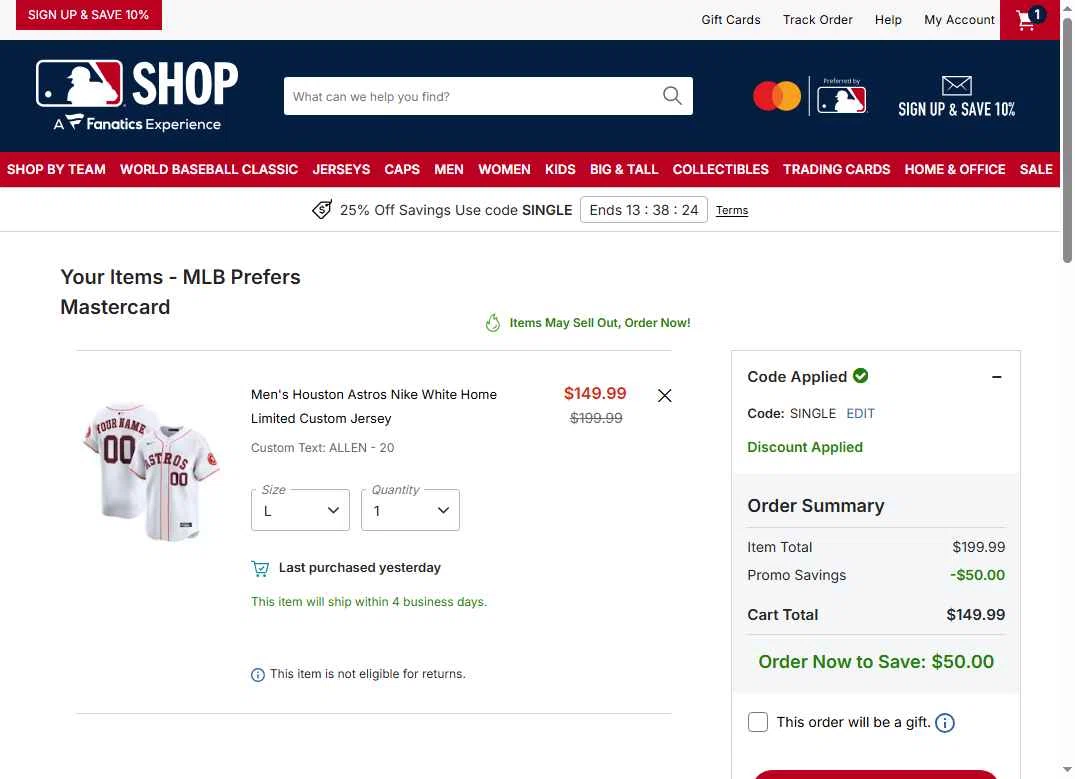 Minnesota Twins checkout page showing Minnesota Twins promo code box | Screenshot taken by SimplyCodes community member on Feb 4, 2026