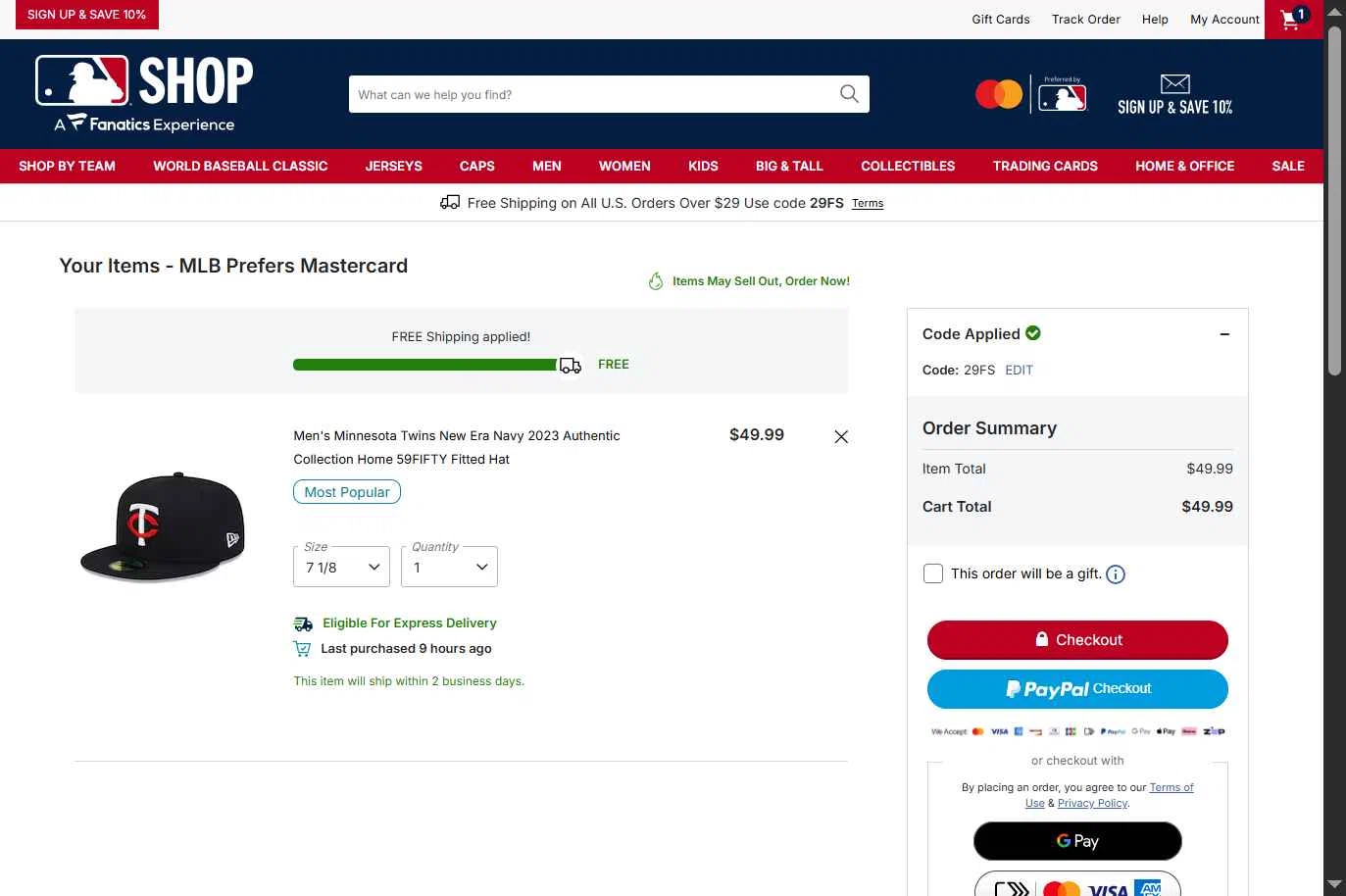 Minnesota Twins checkout page showing Minnesota Twins promo code box | Screenshot taken by SimplyCodes community member on Jan 27, 2026