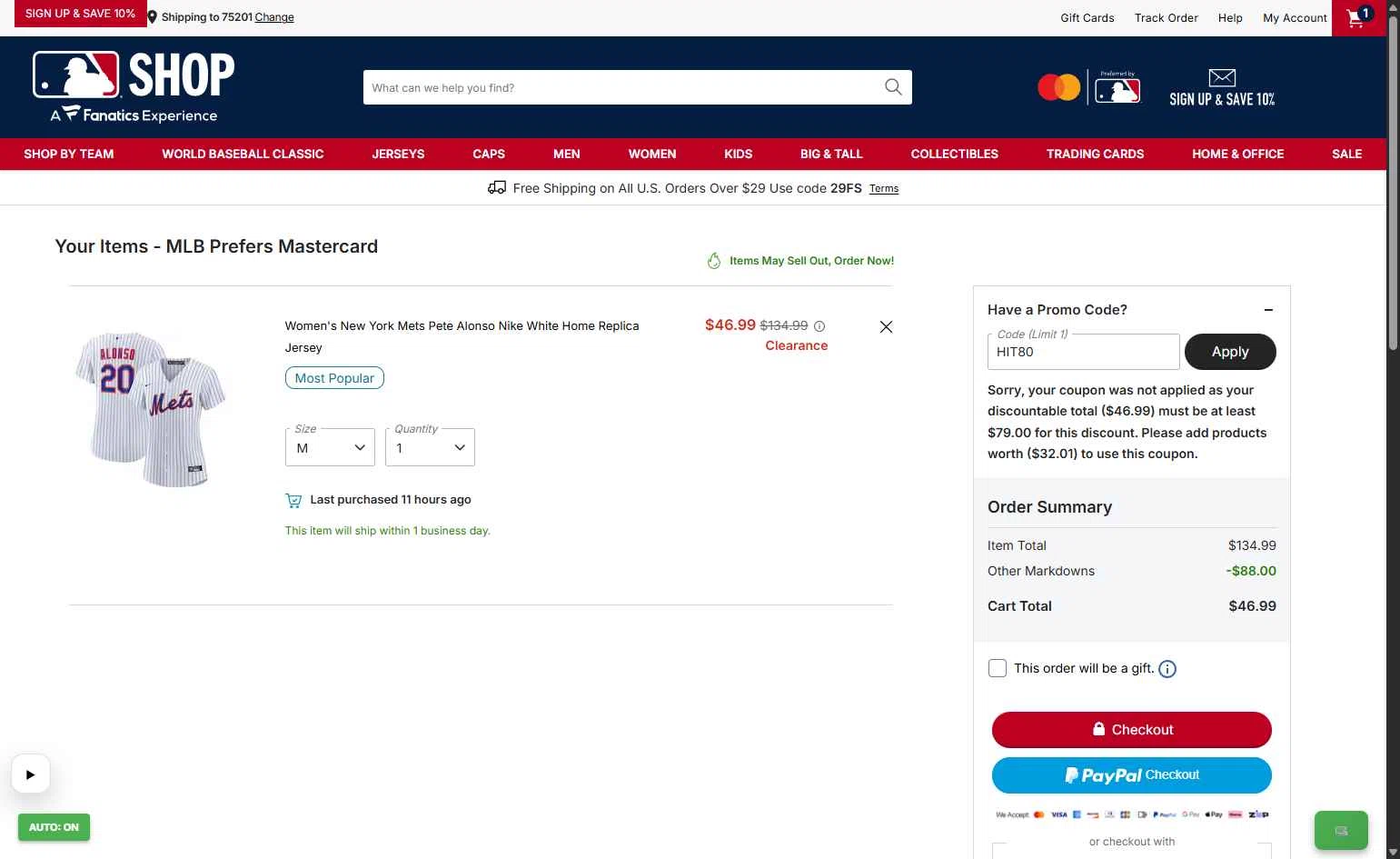 Minnesota Twins checkout page showing Minnesota Twins promo code box | Screenshot taken by SimplyCodes community member on Jan 19, 2026