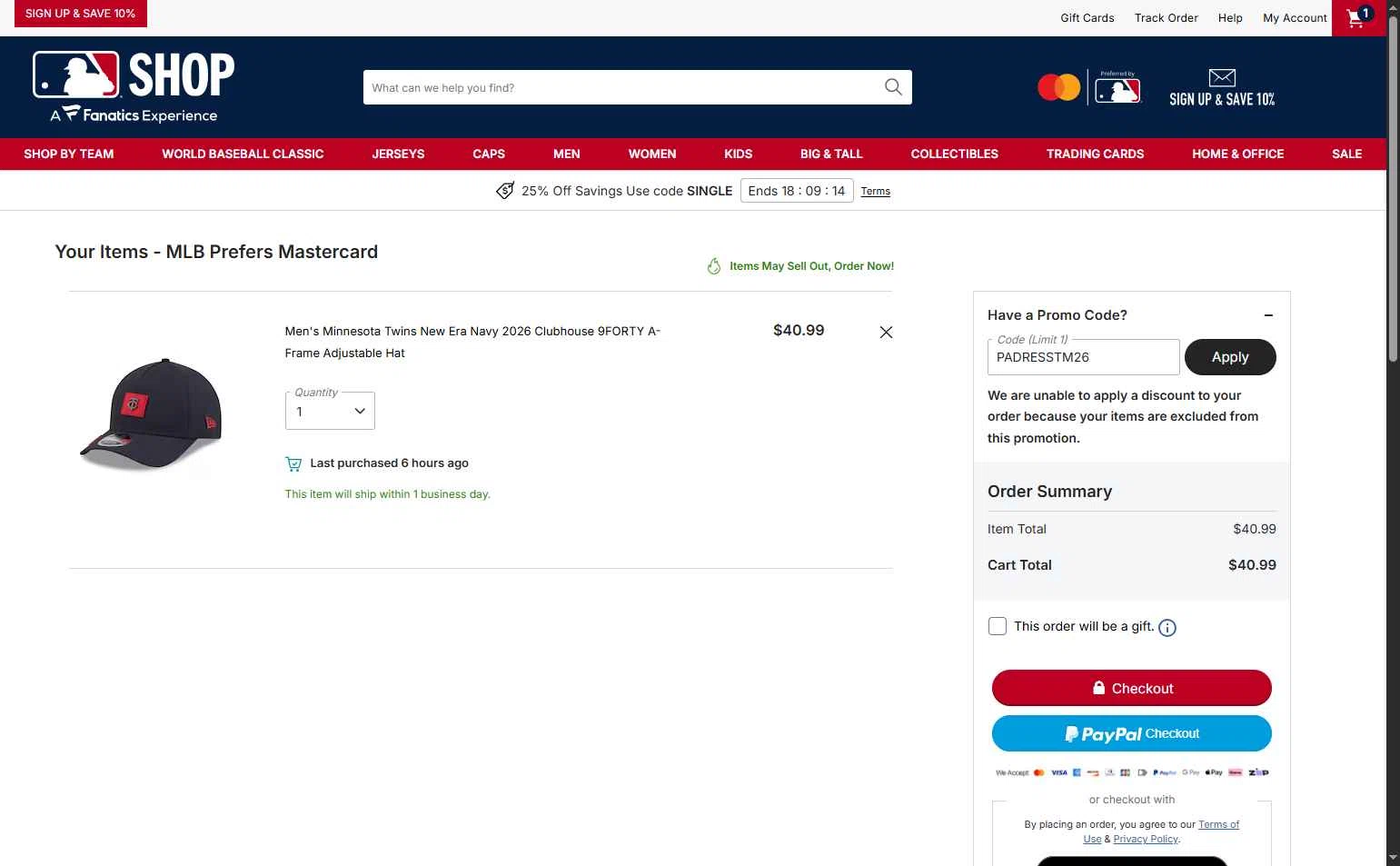 Minnesota Twins checkout page showing Minnesota Twins promo code box | Screenshot taken by SimplyCodes community member on Feb 24, 2026