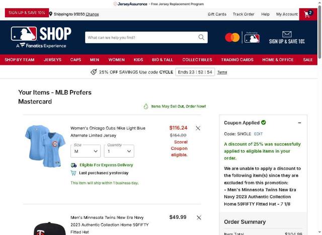 Minnesota Twins checkout page showing Minnesota Twins promo code box | Screenshot taken by SimplyCodes community member on Sep 10, 2025