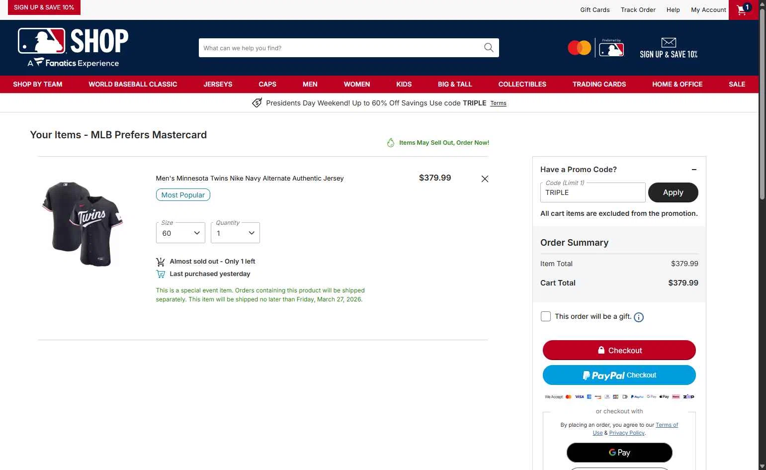 Minnesota Twins checkout page showing Minnesota Twins promo code box | Screenshot taken by SimplyCodes community member on Feb 13, 2026