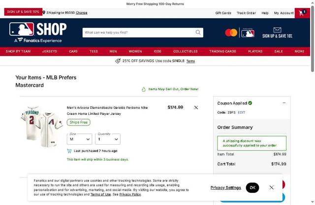 Minnesota Twins checkout page showing Minnesota Twins promo code box | Screenshot taken by SimplyCodes community member on Oct 5, 2025