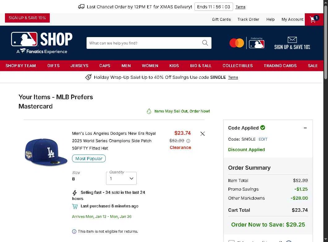 Minnesota Twins checkout page showing Minnesota Twins promo code box | Screenshot taken by SimplyCodes community member on Dec 22, 2025