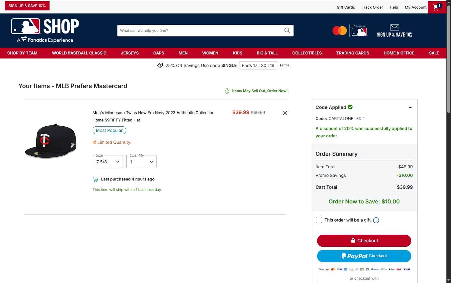 Minnesota Twins checkout page showing Minnesota Twins promo code box | Screenshot taken by SimplyCodes community member on Feb 24, 2026