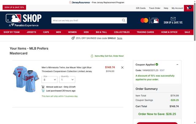 Minnesota Twins checkout page showing Minnesota Twins promo code box | Screenshot taken by SimplyCodes community member on Oct 5, 2025