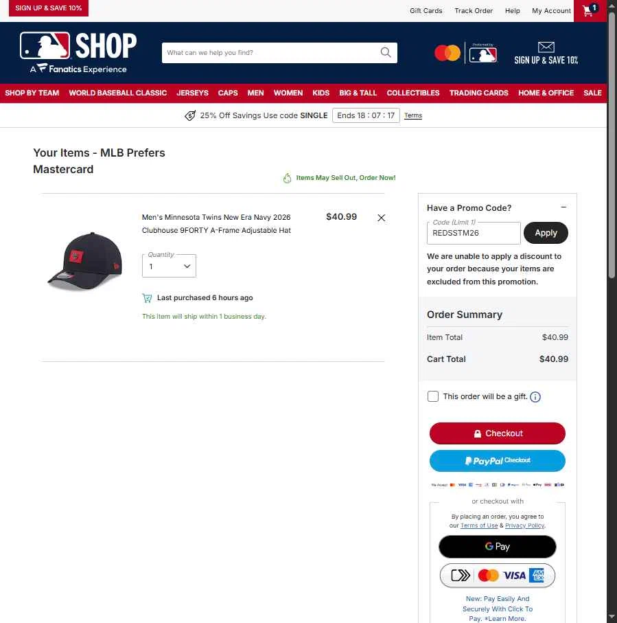 Minnesota Twins checkout page showing Minnesota Twins promo code box | Screenshot taken by SimplyCodes community member on Feb 24, 2026