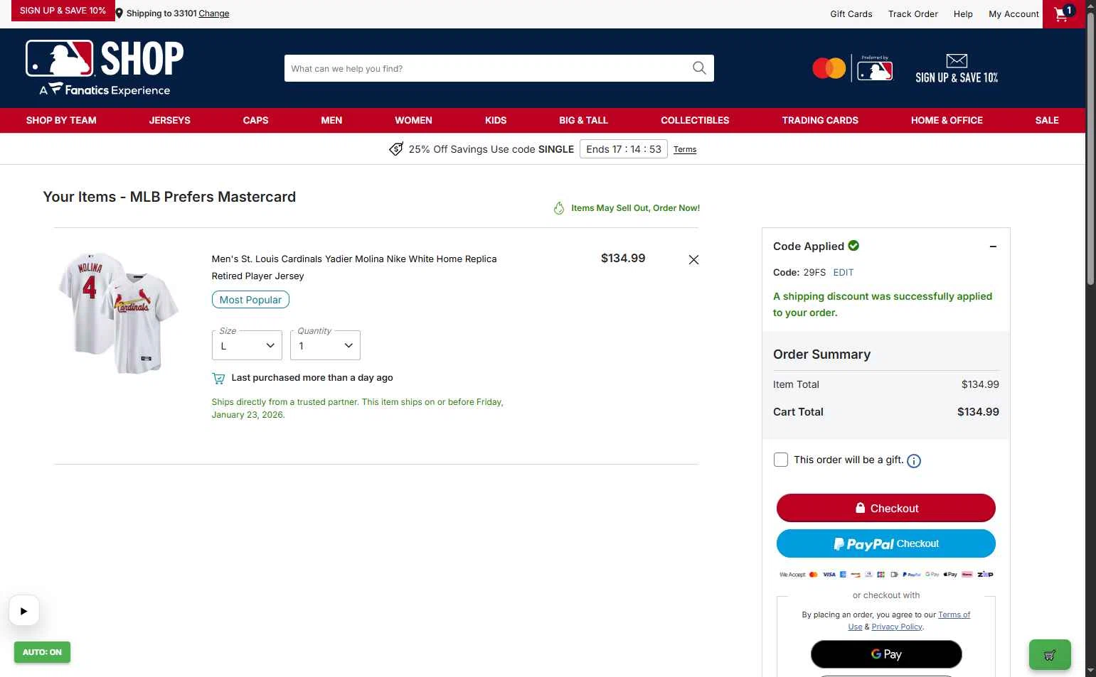 Minnesota Twins checkout page showing Minnesota Twins promo code box | Screenshot taken by SimplyCodes community member on Jan 9, 2026