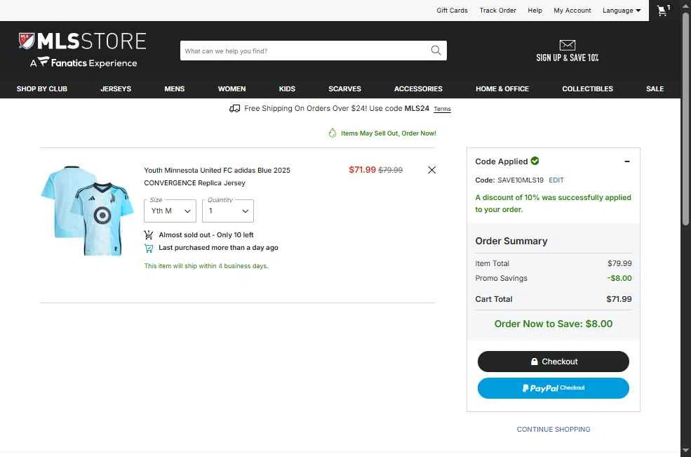 Minnesota United FC checkout page showing Minnesota United FC promo code box | Screenshot taken by SimplyCodes community member on Jan 14, 2026
