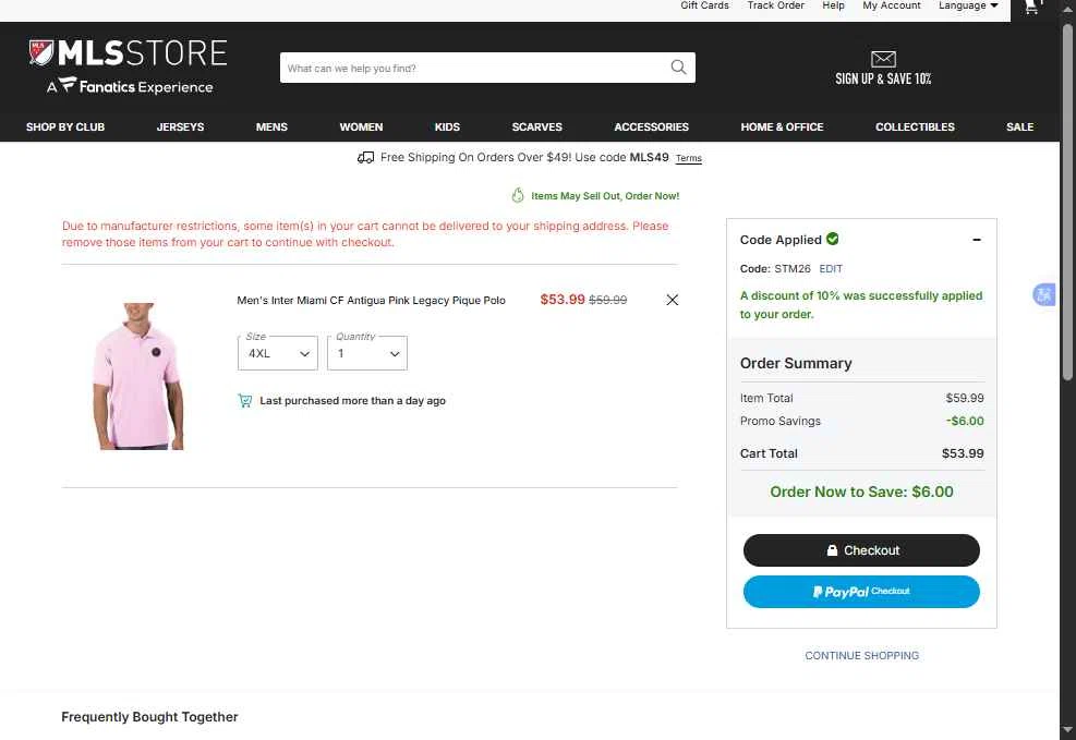Minnesota United FC checkout page showing Minnesota United FC promo code box | Screenshot taken by SimplyCodes community member on Feb 1, 2026