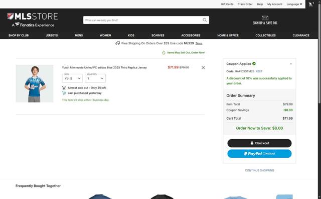 Minnesota United FC checkout page showing Minnesota United FC promo code box | Screenshot taken by SimplyCodes community member on Oct 3, 2025