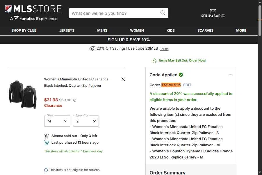 Minnesota United FC checkout page showing Minnesota United FC promo code box | Screenshot taken by SimplyCodes community member on Feb 25, 2026