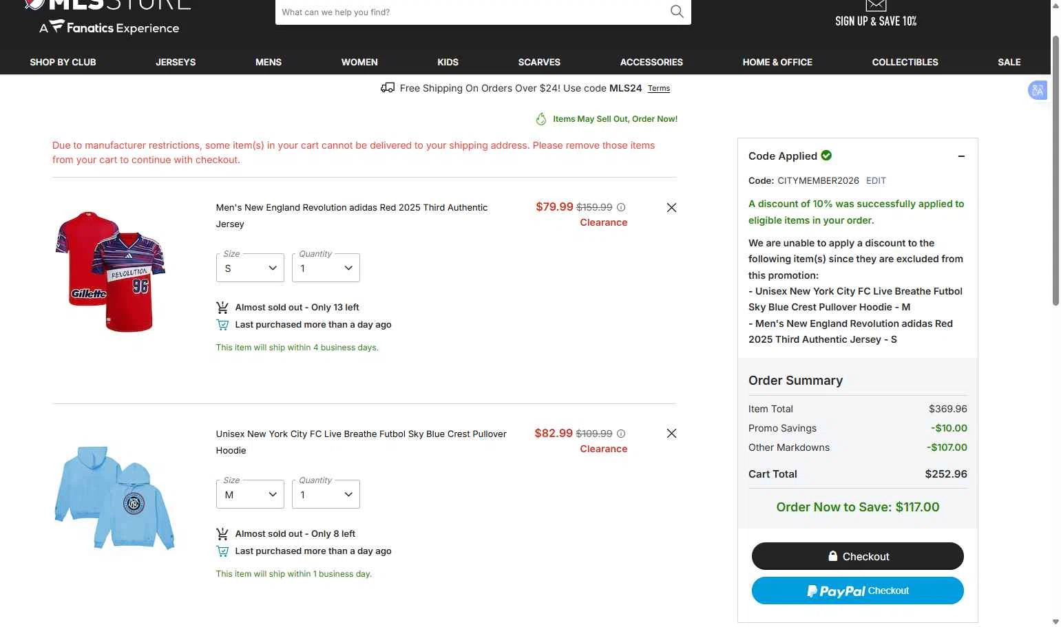 Minnesota United FC checkout page showing Minnesota United FC promo code box | Screenshot taken by SimplyCodes community member on Feb 5, 2026