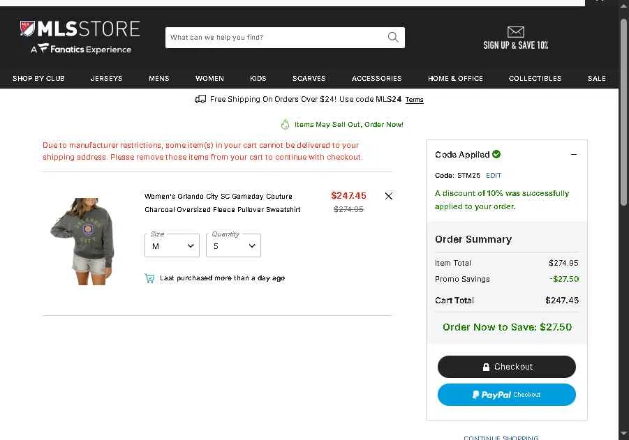 Minnesota United FC checkout page showing Minnesota United FC promo code box | Screenshot taken by SimplyCodes community member on Feb 24, 2026