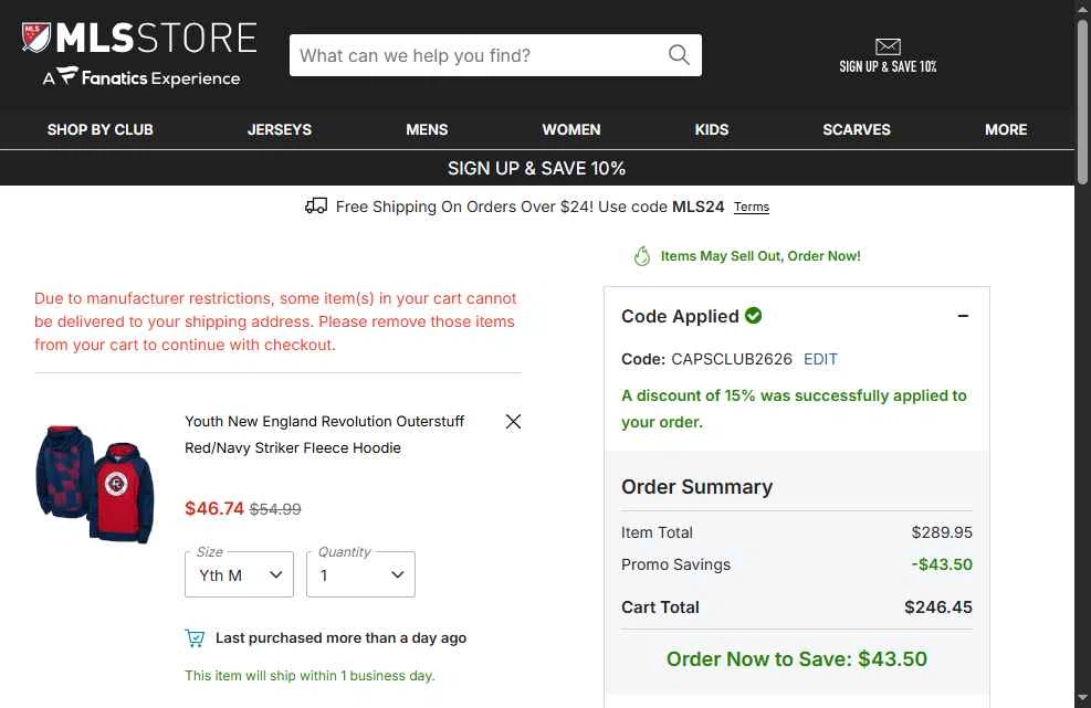 Minnesota United FC checkout page showing Minnesota United FC promo code box | Screenshot taken by SimplyCodes community member on Feb 24, 2026