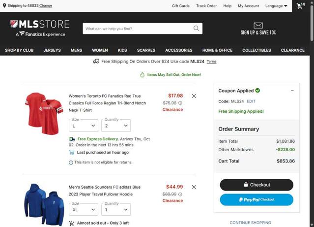 Minnesota United FC checkout page showing Minnesota United FC promo code box | Screenshot taken by SimplyCodes community member on Sep 30, 2025