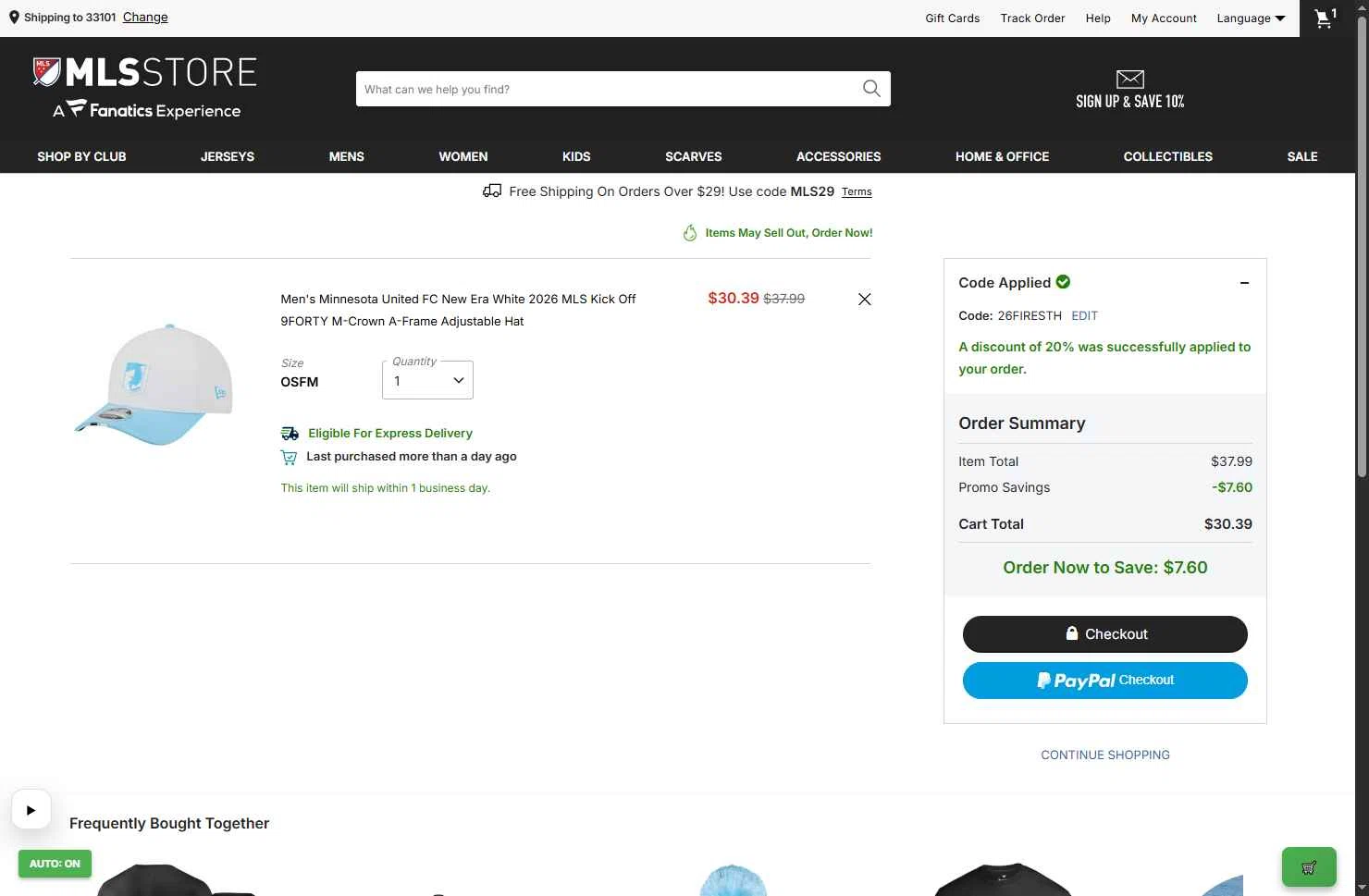 Minnesota United FC checkout page showing Minnesota United FC promo code box | Screenshot taken by SimplyCodes community member on Feb 21, 2026