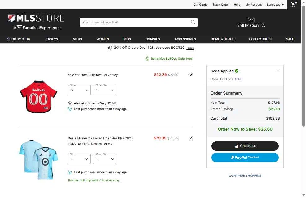 Minnesota United FC checkout page showing Minnesota United FC promo code box | Screenshot taken by SimplyCodes community member on Jan 16, 2026