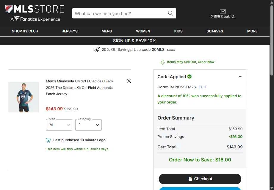 Minnesota United FC checkout page showing Minnesota United FC promo code box | Screenshot taken by SimplyCodes community member on Feb 25, 2026