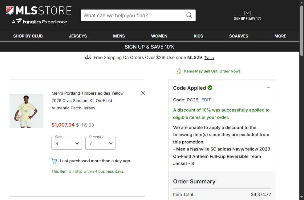 Minnesota United FC checkout page showing Minnesota United FC promo code box | Screenshot taken by SimplyCodes community member on Feb 21, 2026