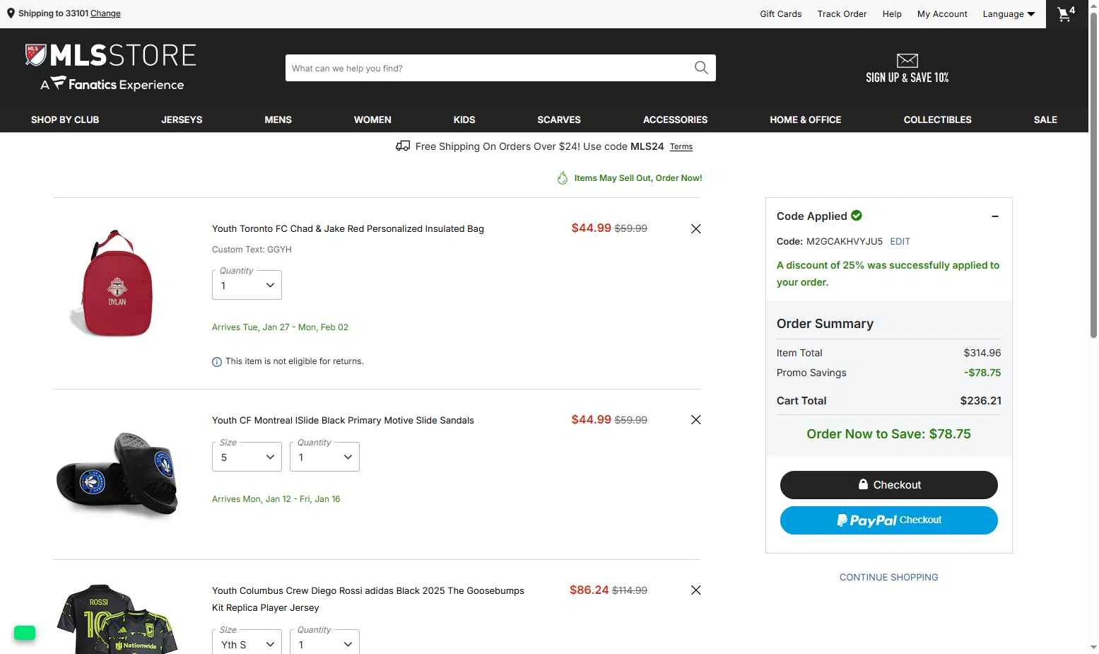 Minnesota United FC checkout page showing Minnesota United FC promo code box | Screenshot taken by SimplyCodes community member on Jan 3, 2026