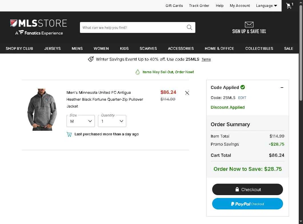 Minnesota United FC checkout page showing Minnesota United FC promo code box | Screenshot taken by SimplyCodes community member on Dec 30, 2025