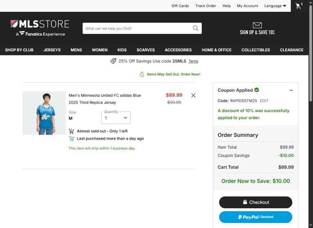 Minnesota United FC checkout page showing Minnesota United FC promo code box | Screenshot taken by SimplyCodes community member on Sep 11, 2025