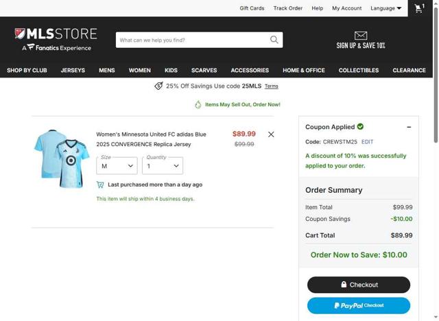 Minnesota United FC checkout page showing Minnesota United FC promo code box | Screenshot taken by SimplyCodes community member on Sep 11, 2025