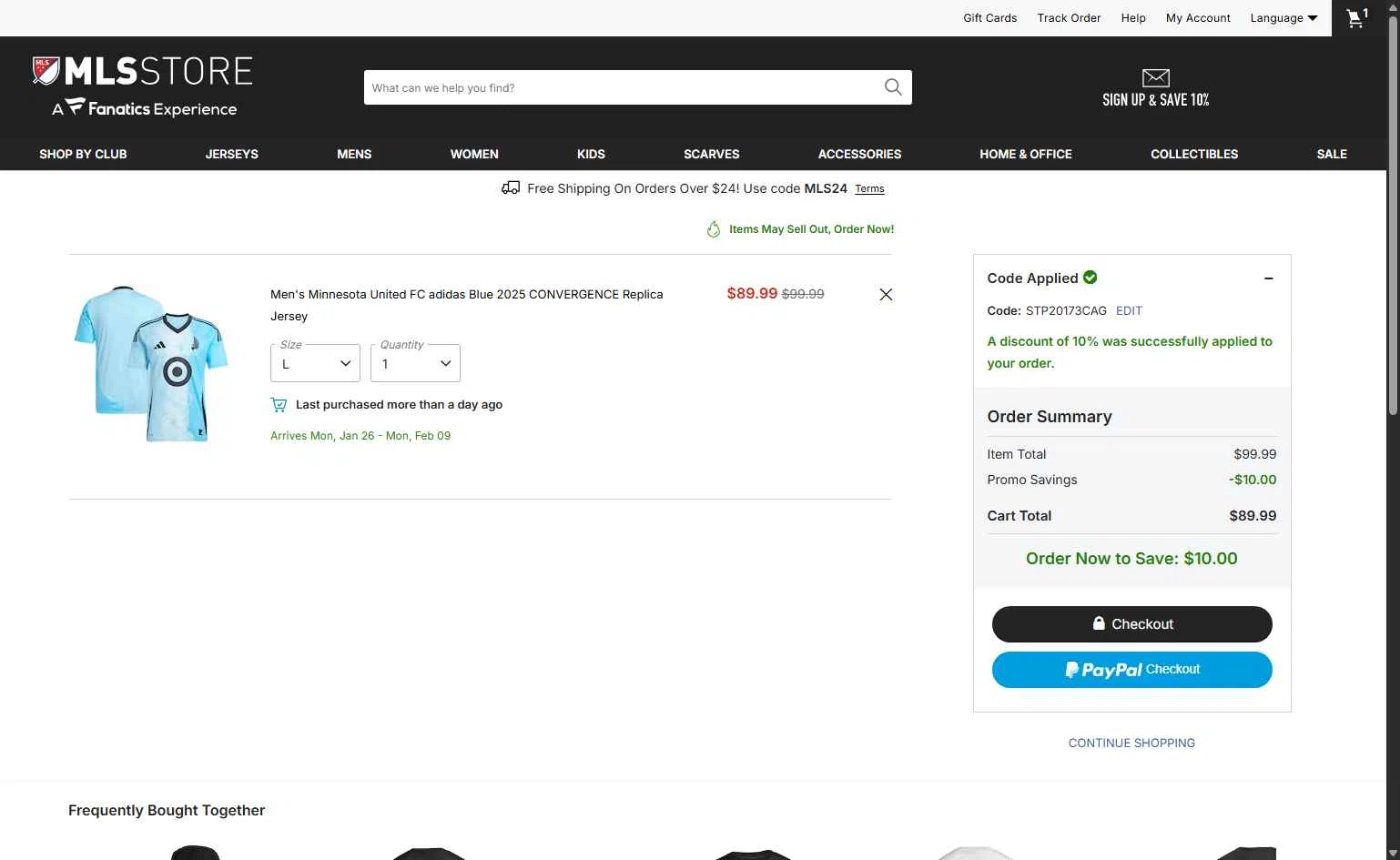 Minnesota United FC checkout page showing Minnesota United FC promo code box | Screenshot taken by SimplyCodes community member on Jan 4, 2026