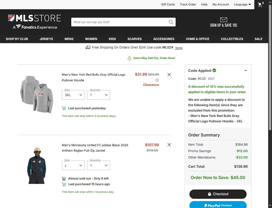Minnesota United FC checkout page showing Minnesota United FC promo code box | Screenshot taken by SimplyCodes community member on Jan 31, 2026
