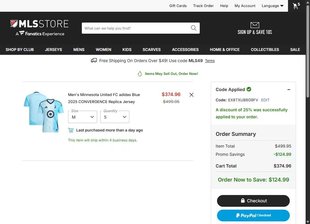 Minnesota United FC checkout page showing Minnesota United FC promo code box | Screenshot taken by SimplyCodes community member on Jan 12, 2026