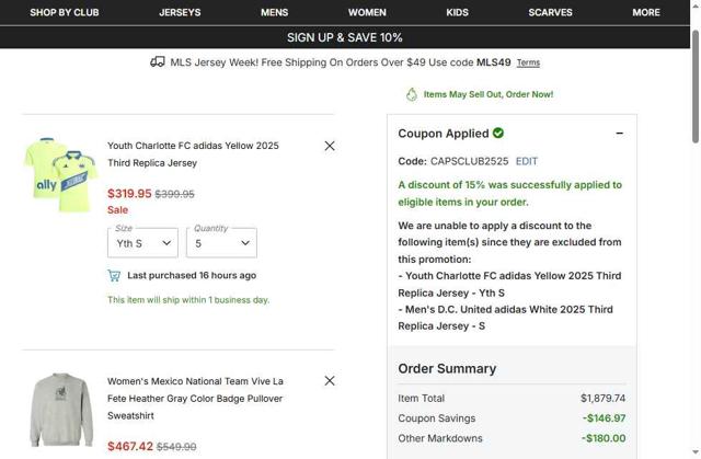 Minnesota United FC checkout page showing Minnesota United FC promo code box | Screenshot taken by SimplyCodes community member on Sep 25, 2025