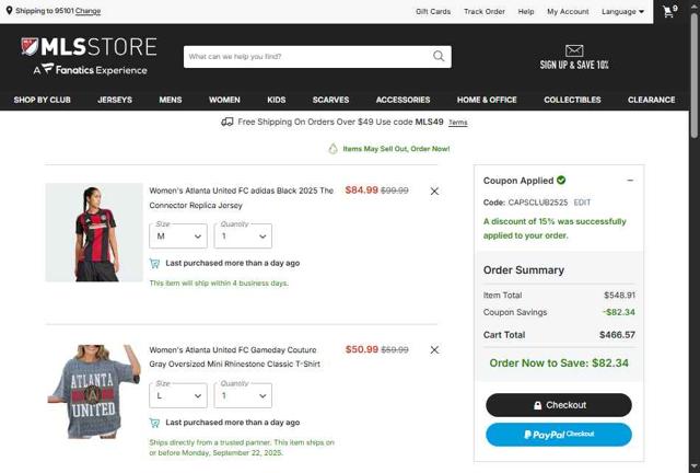 Minnesota United FC checkout page showing Minnesota United FC promo code box | Screenshot taken by SimplyCodes community member on Sep 14, 2025