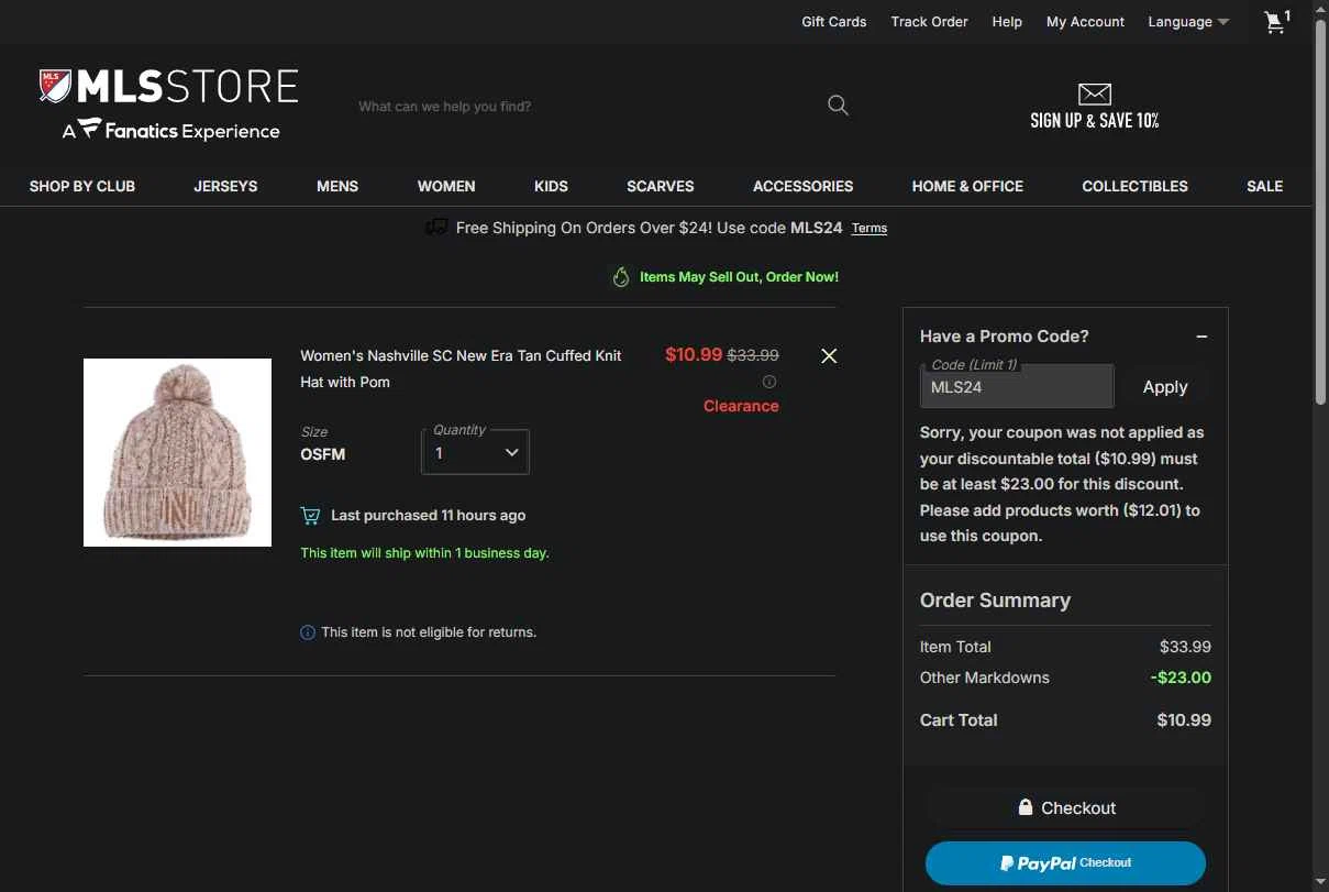 Minnesota United FC checkout page showing Minnesota United FC promo code box | Screenshot taken by SimplyCodes community member on Feb 6, 2026