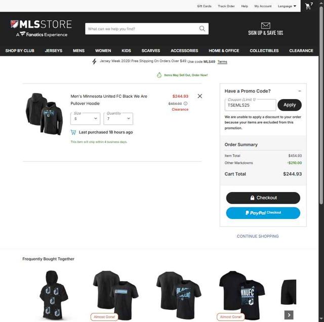 Minnesota United FC checkout page showing Minnesota United FC promo code box | Screenshot taken by SimplyCodes community member on Sep 27, 2025