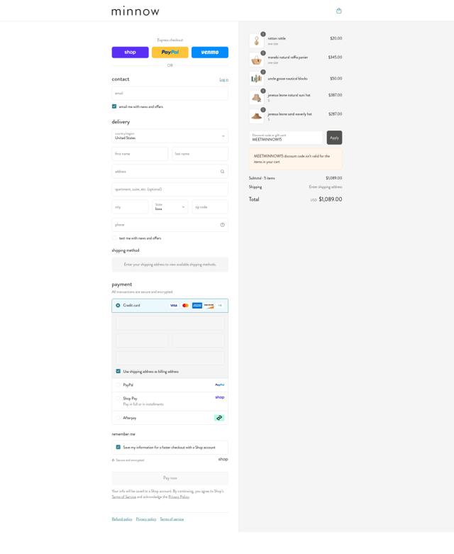 Minnow checkout page showing Minnow discount code box | Screenshot taken by SimplyCodes community member on Sep 4, 2025