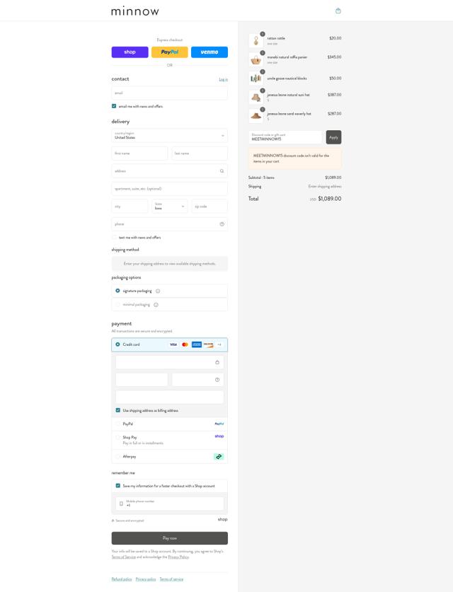 Minnow checkout page showing Minnow discount code box | Screenshot taken by SimplyCodes community member on Sep 8, 2025
