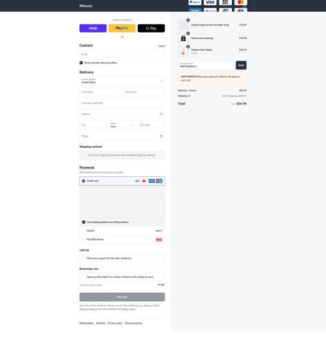 Minooy checkout page showing Minooy discount code box | Screenshot taken by SimplyCodes community member on Sep 3, 2025