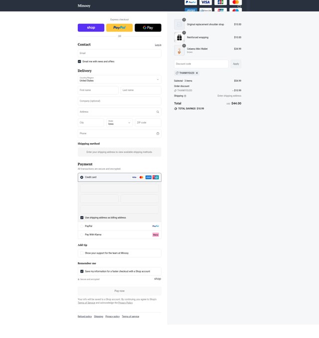 Minooy checkout page showing Minooy discount code box | Screenshot taken by SimplyCodes community member on Sep 3, 2025