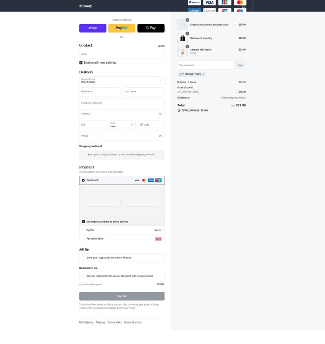 Minooy checkout page showing Minooy discount code box | Screenshot taken by SimplyCodes community member on Sep 3, 2025