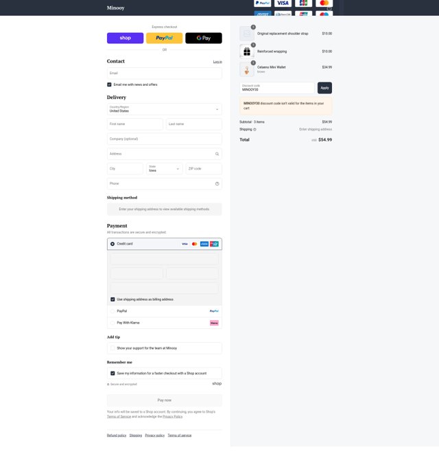 Minooy checkout page showing Minooy discount code box | Screenshot taken by SimplyCodes community member on Sep 3, 2025